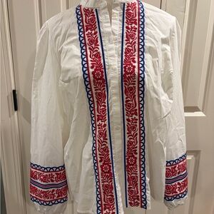 Boden White Button Down Shirt with Magenta and Blue Embroidery